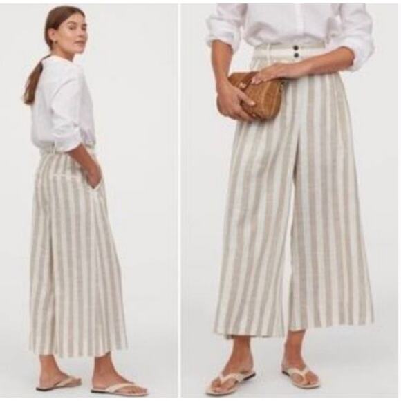 H&M Linen Blend Striped Pants Size 12 Cropped Wide Leg Coastal Grandma - Picture 8 of 9
